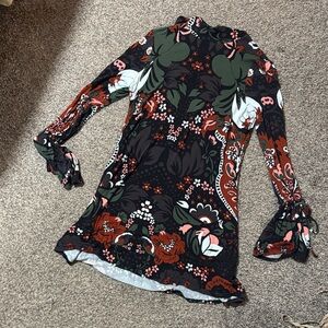 Free People Black and Red Floral Long Sleeve Dress